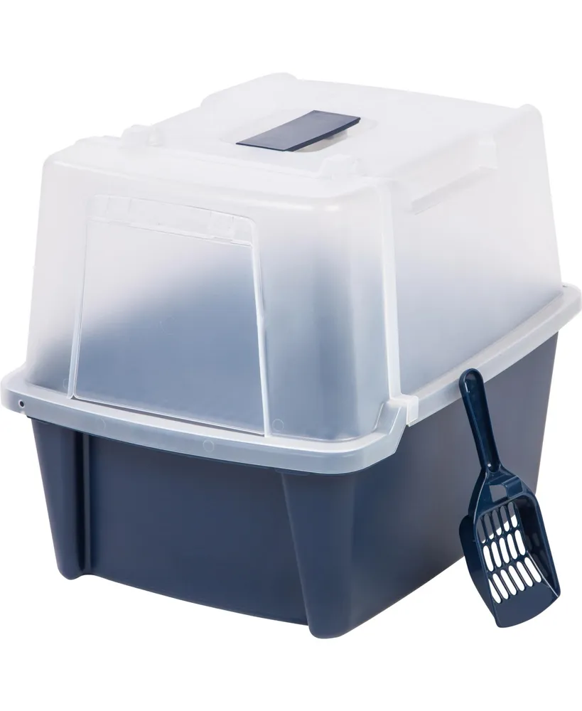 Iris Large Split-Hood Cat Litter Box with Scoop and Grate, Blue