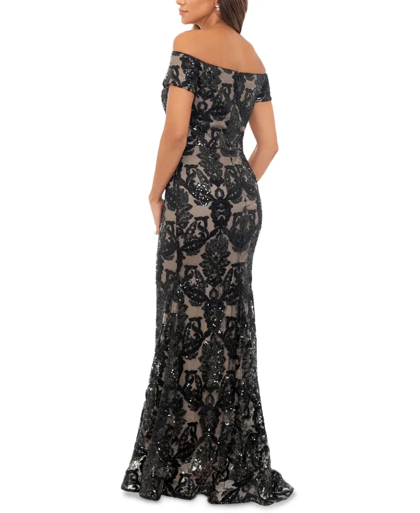 Xscape Women's Sequined Mesh Off-The-Shoulder Gown