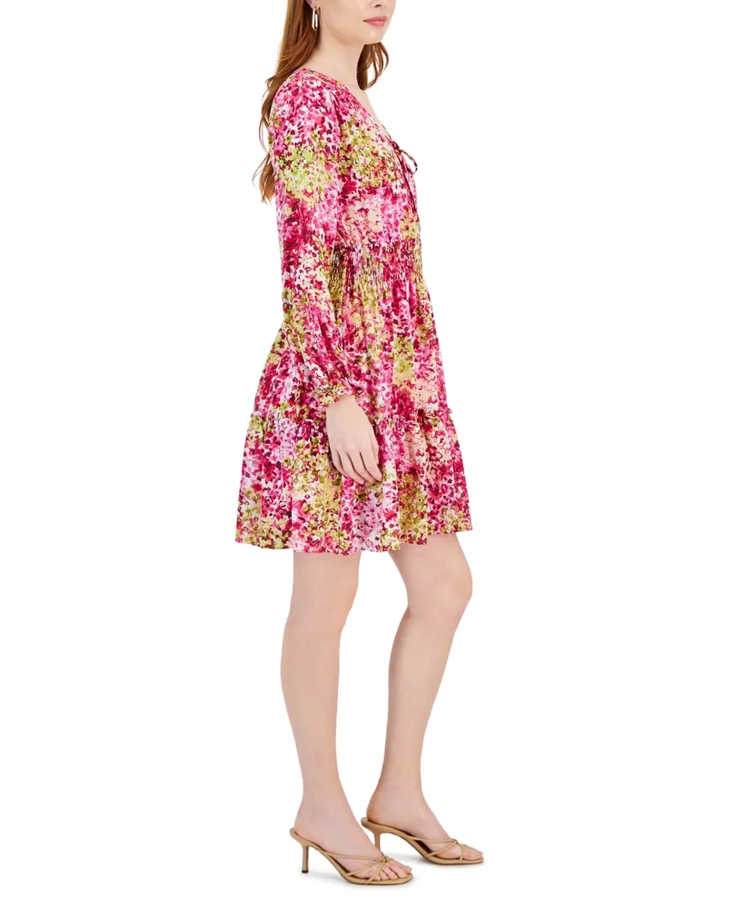 Taylor Women's Printed Chiffon V-Neck Smocked-Trim Dress