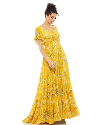 Mac Duggal Women's Ieena Flounce Sleeve Floral Maxi Dress