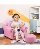 Qaba Kids Sofa Set with Footstool, Upholstered Armchair for Kids 18M+, Baby Sofa for Playroom, Children's Bedroom, Nursery Room, Pink