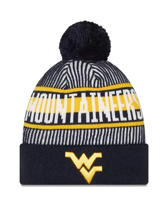 Men's New Era Navy West Virginia Mountaineers Logo Striped Cuff Knit Hat with Pom