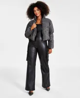 Bar Iii Womens Sparkle Cropped Puffer Jacket Faux Leather Strapless Cargo Pocket Jumpsuit Created For Macys