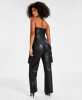 Bar Iii Women's Faux-Leather Strapless Cargo-Pocket Jumpsuit, Created for Macy's