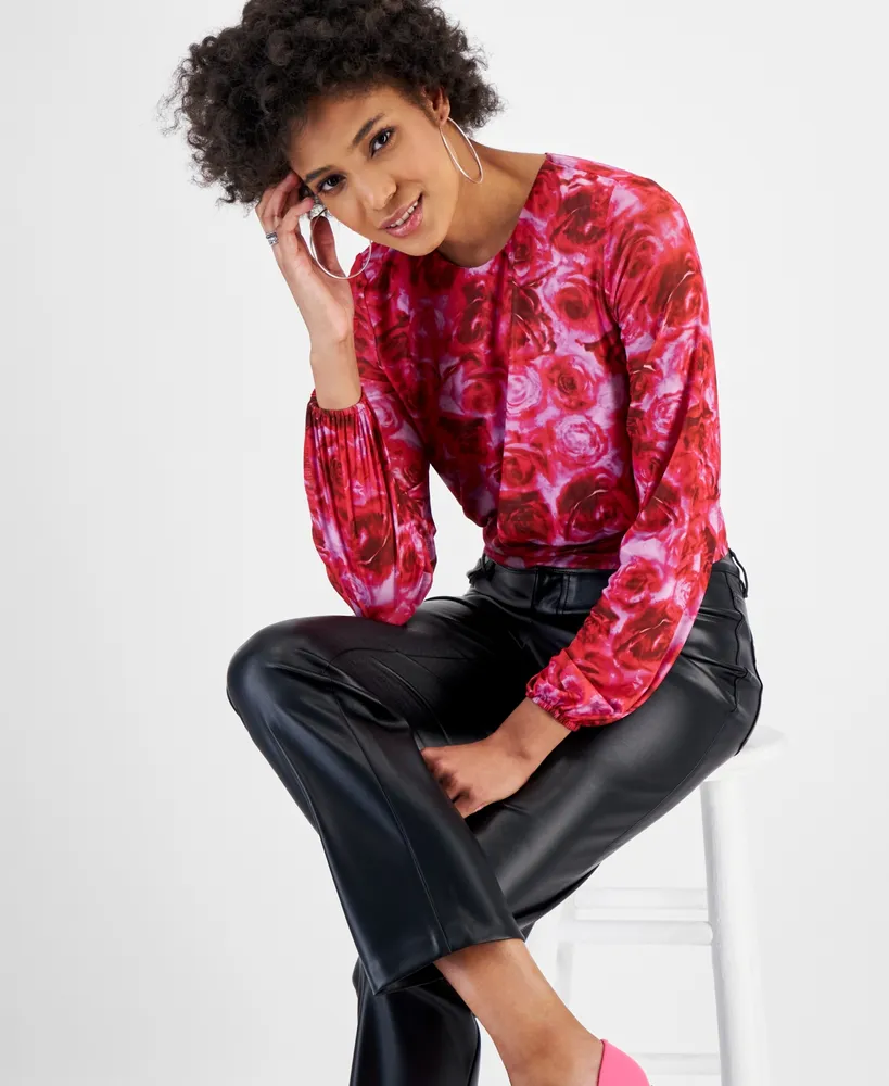 Bar Iii Women's Rose-Print Blouson Top, Created for Macy's