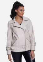 Furniq Uk Women's Genuine Leather Belted Biker Jacket,Nappa Beige