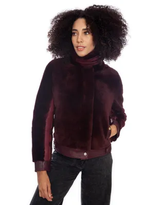 Furniq Uk Women's Short Shearling Jacket, Outer Burgundy Wool