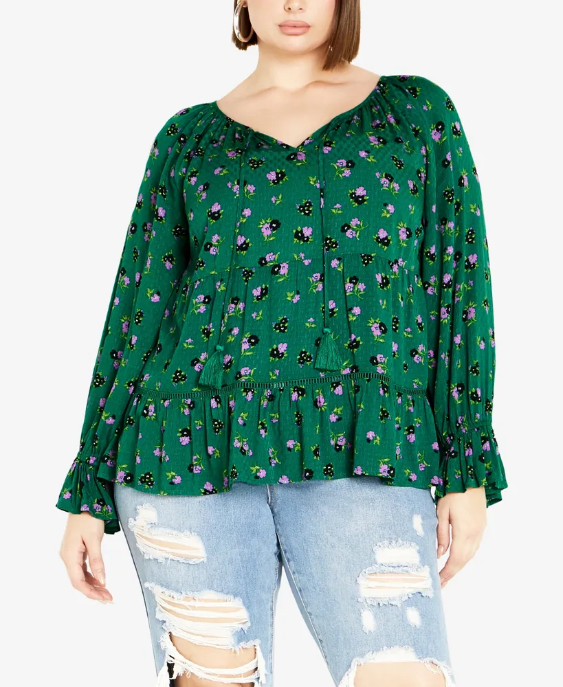 Avenue Plus Size Floral Fields Shirred Cuff Tunic Top