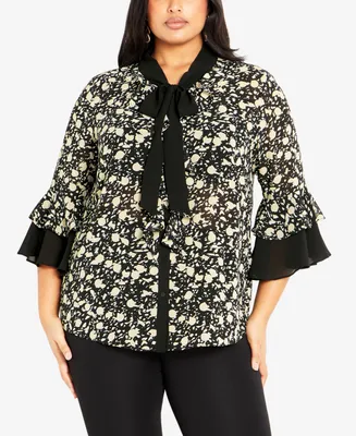 Avenue Plus Size Cassie Frill 3/4 Sleeve Shirt