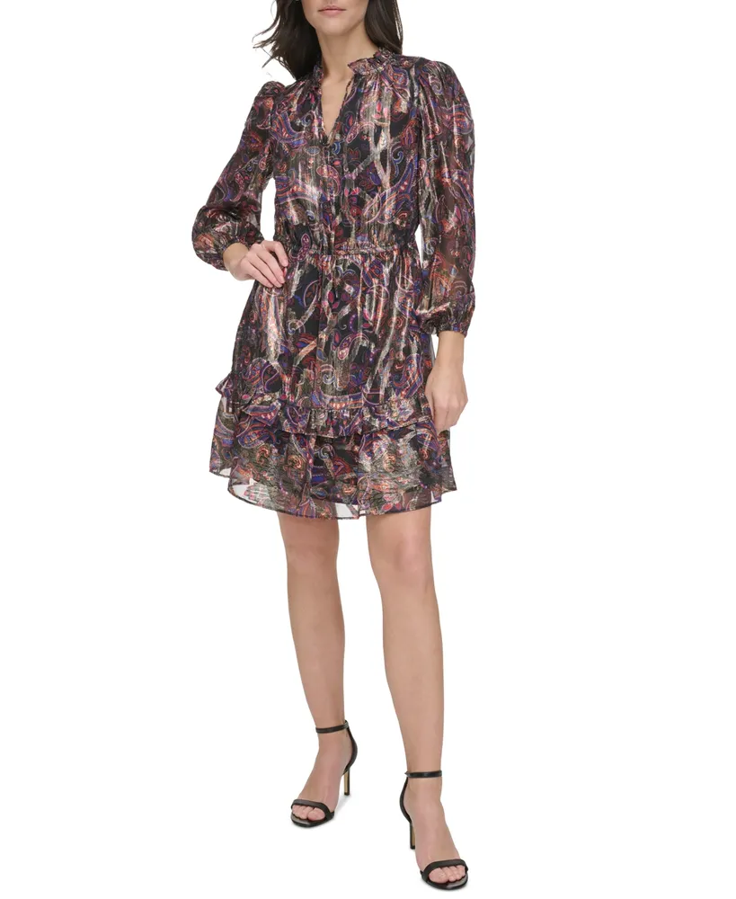 Vince Camuto Petite Metallic Paisley Ruffled Tie-Neck Dress