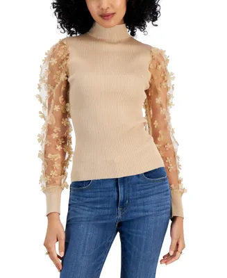 Crave Fame Juniors' Sheer-Sleeve 3D-Flower Mock Neck Sweater