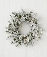 Seasonal Dandan Flocked Pine 24" Pre-Lit Pe Mixed Pvc Wreath with 375 Tips, 150 Warm Led Lights