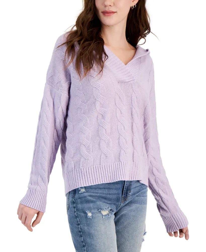 Hippie Rose Juniors' Cable-Knit Hoodie Sweater