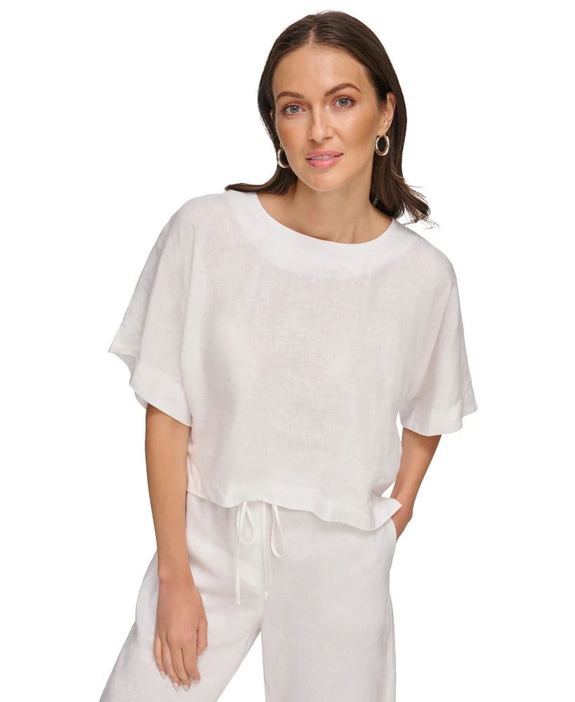 Dkny Linen Drop Shoulder Short Sleeve Top