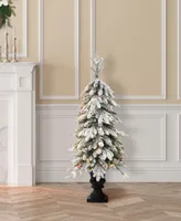 Glitzhome 4' Pre-Lit Flocked Fir Artificial Christmas Porch Tree with 100 Warm White Lights and Red Berries