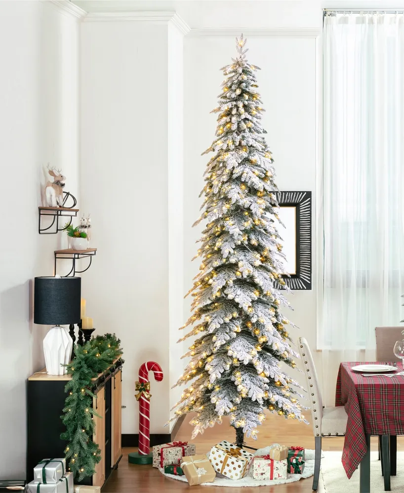 Glitzhome 11' Pre-Lit Flocked Pencil Spruce Artificial Christmas Tree with 700 Warm White Lights