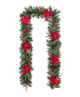 Glitzhome 9' Pre-Lit Greenery Pine Poinsettia and Red Berries Christmas Garl and, with 70 Warm White Lights and Timer