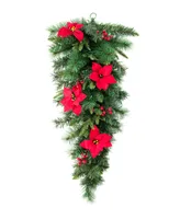 Glitzhome 3' Pre-Lit Greenery Pine Poinsettia and Red Berries Christmas Teardrop Swag with 50 Warm White Lights and Timer