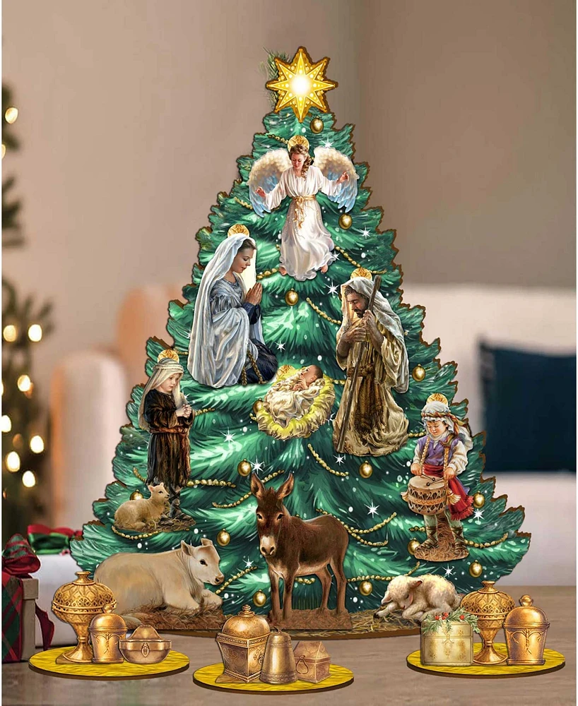 Designocracy Nativity Themed Wooden Christmas Tree with Ornaments Set of 13 G. DeBrekht