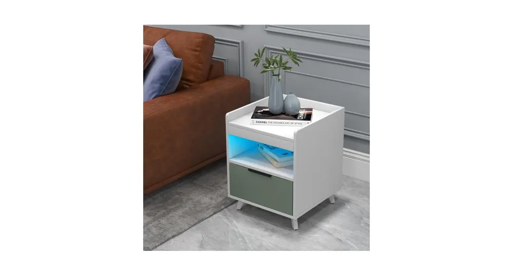 Modern Nightstand with Led Lights Sliding Drawer and Open Compartment-White