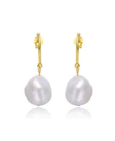 Genevive Sterling Silver 14k Yellow Gold Plated with Baroque Oval White Freshwater Pearl Dangle Drop C-Hoop Earrings