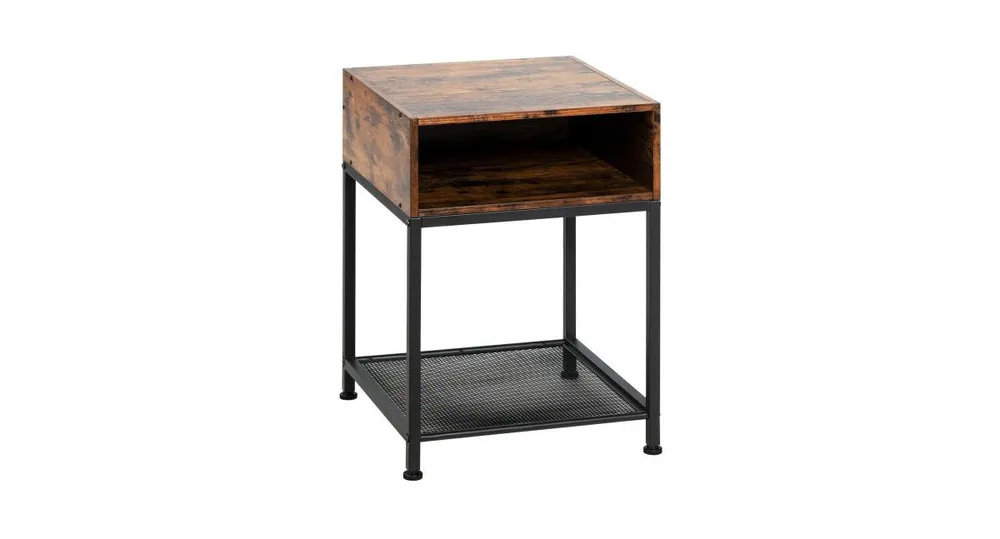 Industrial Nightstand End Side Table with Mesh Shelf