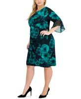Connected Plus Side-Ruched Ruffled-Sleeve Dress