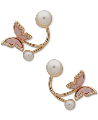 lonna & lilly Gold-Tone Pave Pink Butterfly & Imitation Pearl Drop Earrings