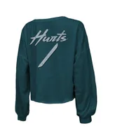 Women's Majestic Threads Jalen Hurts Midnight Green Philadelphia Eagles Name and Number Off-Shoulder Script Cropped Long Sleeve V-Neck T-shirt