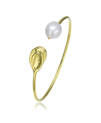 Genevive Classy Sterling Silver with 14K Gold Plating and Genuine Freshwater Pearl Cuff Bracelet