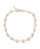 Genevive Sterling Silver 14K Gold Plated Genuine Freshwater Pearl and Cubic Zirconia Link Adjustable Necklace