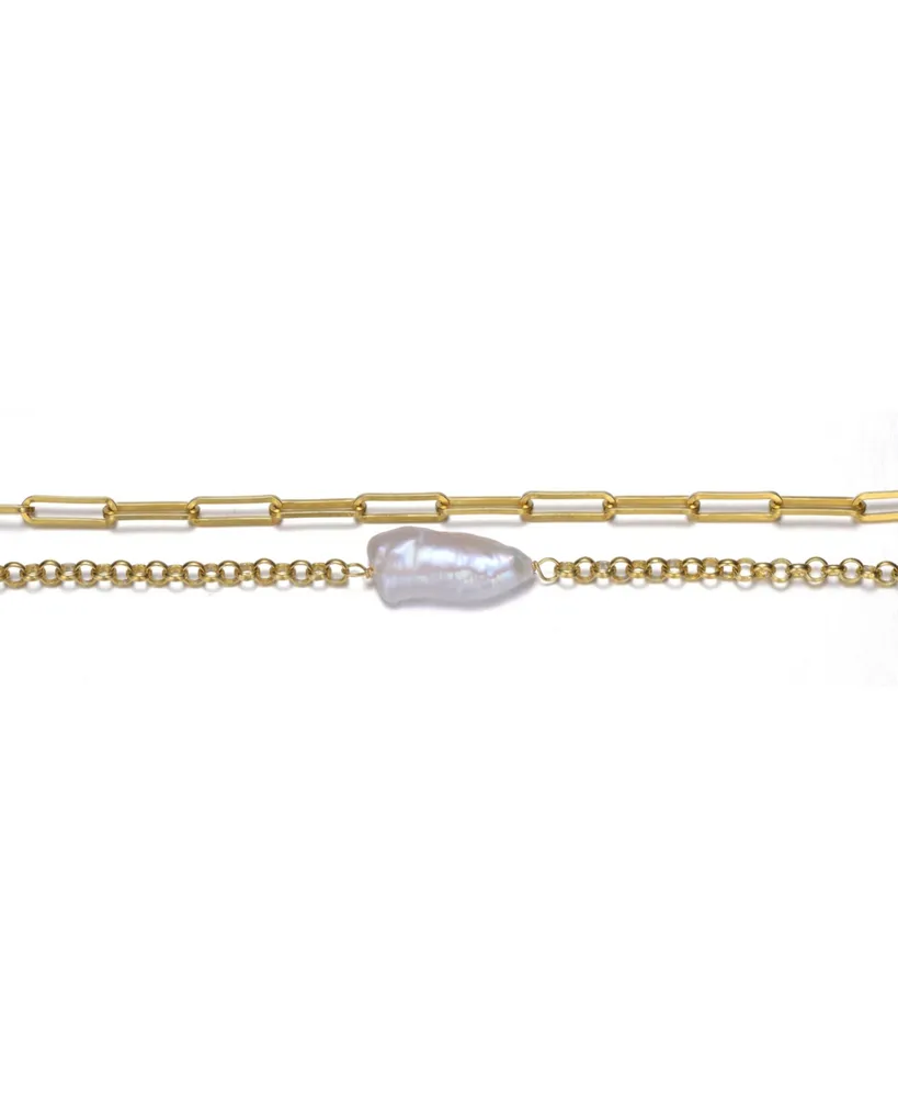 Genevive 14k Yellow Gold Plated with Free-Form Genuine Freshwater Pearl Cable Rolo Chain Double Layer Bracelet in Sterling Silver