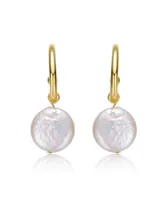 Genevive Sterling Silver 14k Yellow Gold Plated with White Coin Freshwater Pearl Drop C-Hoop Earrings