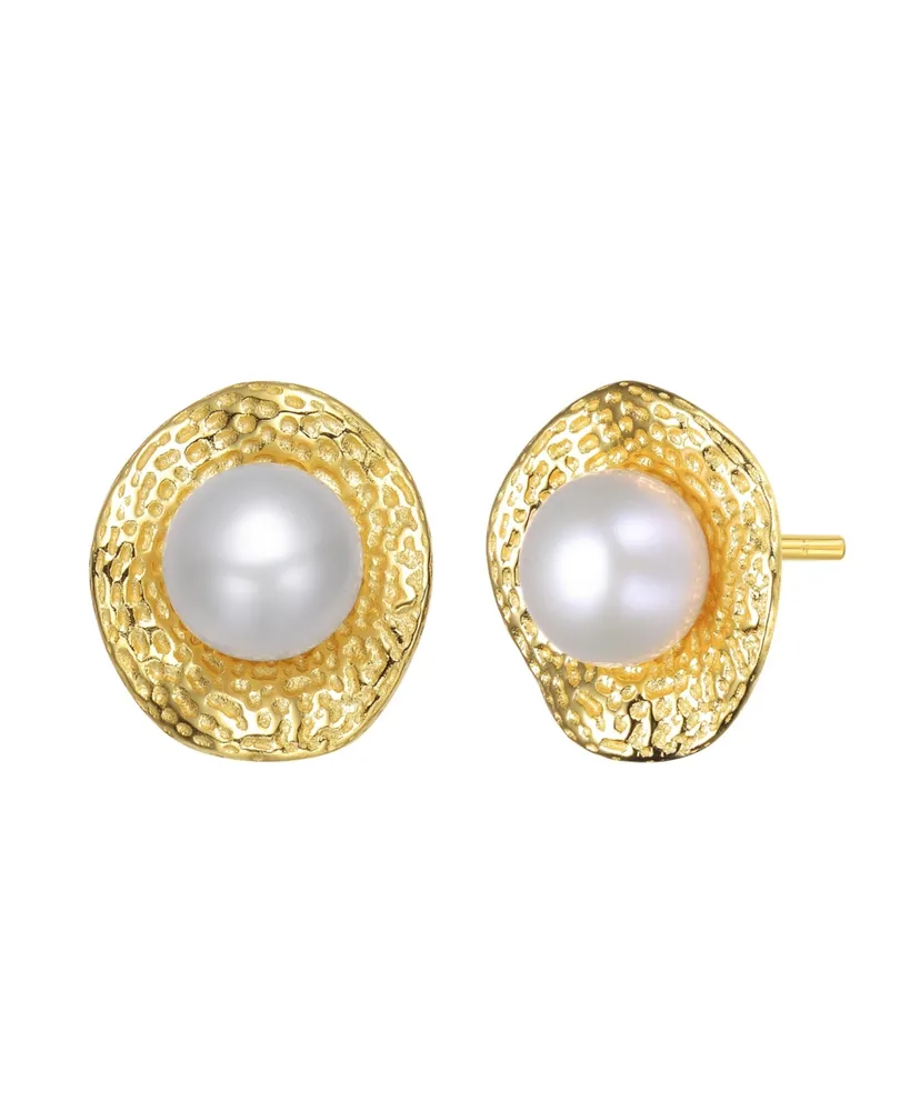 Genevive Sterling Silver 14K Gold Plated with Genuine Freshwater Pearl Hammered Stud Earrings