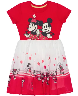 Disney Little Girls Minnie and Mickey Mouse Short Sleeve Chiffon Dress
