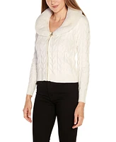 Belldini Women's Black Label Faux Fur Collared Cable Cardigan Sweater