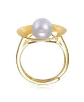 Genevive Sterling Silver 14K Gold Plated with Genuine Freshwater Pearl Geometric Ring