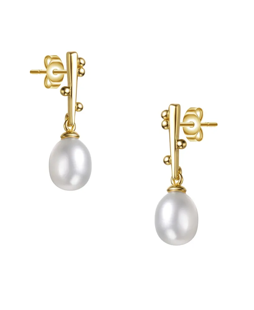 Genevive Sterling Silver 14k Yellow Gold Plated with White Freshwater Pearl Linear Stick Earrings