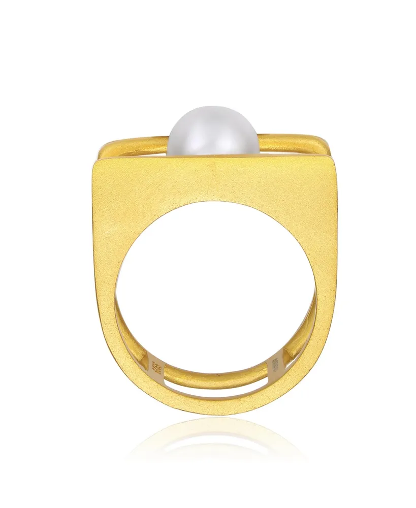Genevive 14k Gold Plated with White Genuine Freshwater Pearl Double Band Geometric Square Stacked Ring.