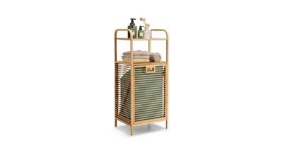 Tilt-out Bamboo Laundry Hamper with 2-Tier Shelf and Removable Liner-Natural
