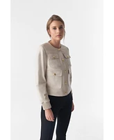 Women's Collarless Stunning Studs Closure Leather Jacket, Beige