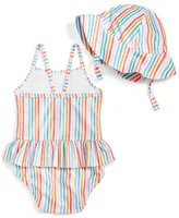 First Impressions Baby Girls Striped One Piece Swimsuit and Hat, 2 Set, Upf 50, Created for Macy's