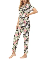 Echo Women's 2 Piece Printed Short Sleeve Notch Top with Pants Pajama Set