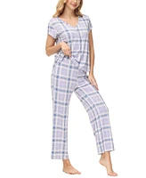 Echo Women's 2 Piece Printed Short Sleeve Henley Top with Wide Pants Pajama Set