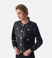 Furniq Uk Women's Collarless Stunning Studs Closure Leather Jacket, Black