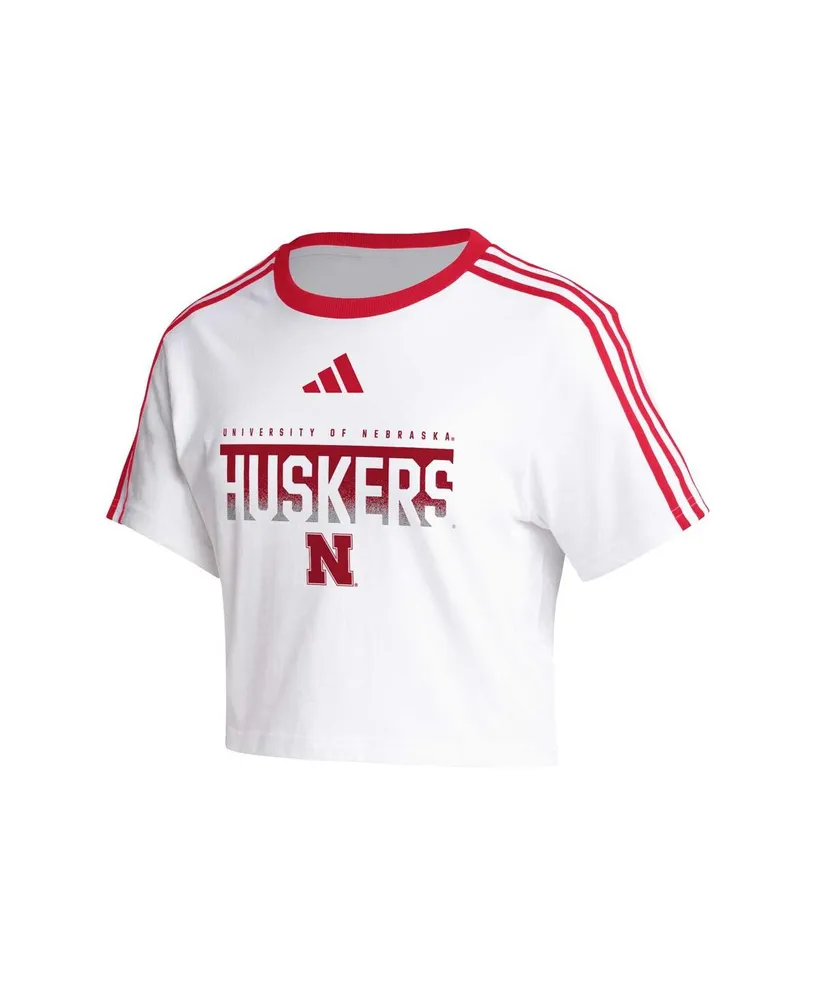Women's adidas White Nebraska Huskers Three-Stripes Cropped T-shirt