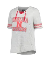 Women's Profile Heather Gray Distressed Nebraska Huskers Plus Striped Lace-Up T-shirt