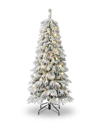 Seasonal Frosted Acadia 6' Pre-Lit Flocked Pe Mixed Pvc Slim Tree with Metal Standing, 1865 Tips, 200 Changing Led Lights