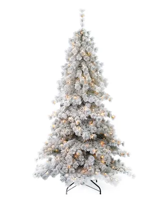Seasonal Flocked Winter Fir 6.5' Pre-Lit Flocked Hard Needle Tree with Metal Stand 565 Tips, 250 Warm Led, Remote, Ez-Connect, Storage Bag