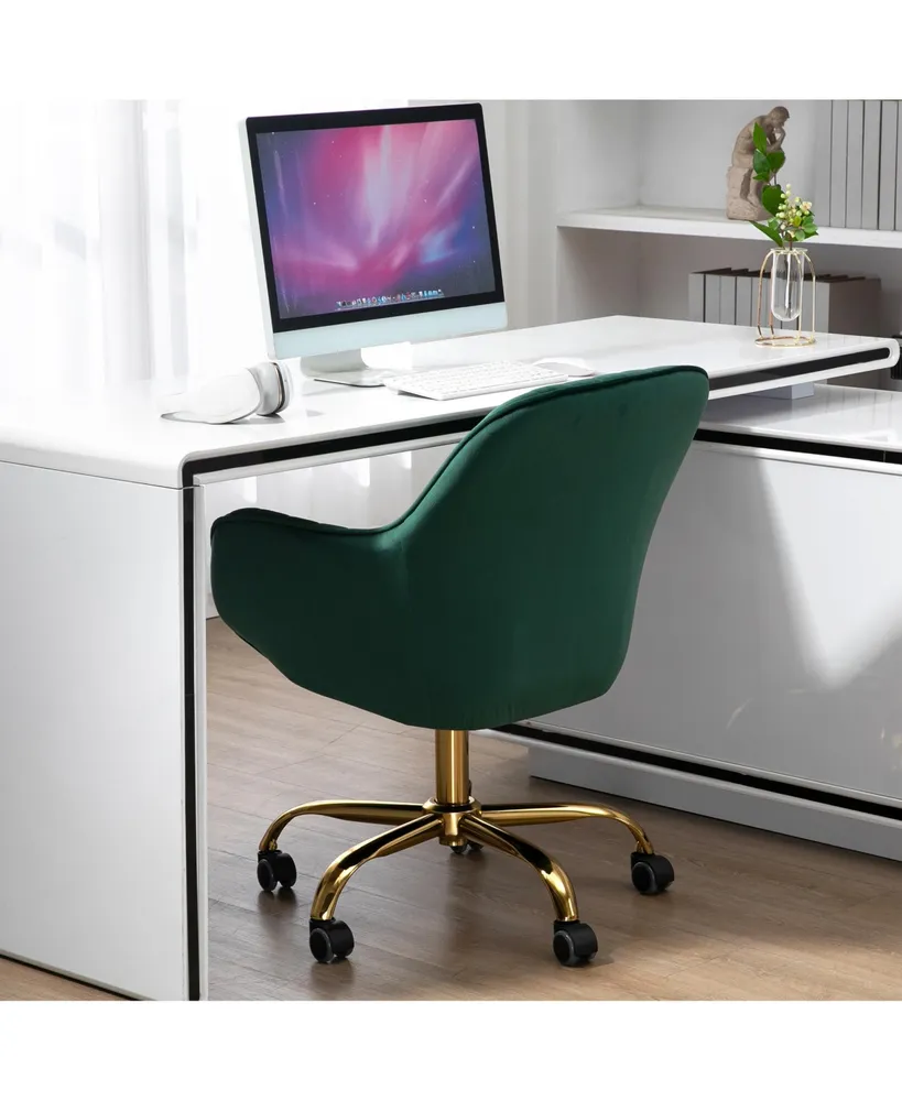360° Green Velvet Swivel Chair With High Back, Adjustable Working Chair With Golden Color Base